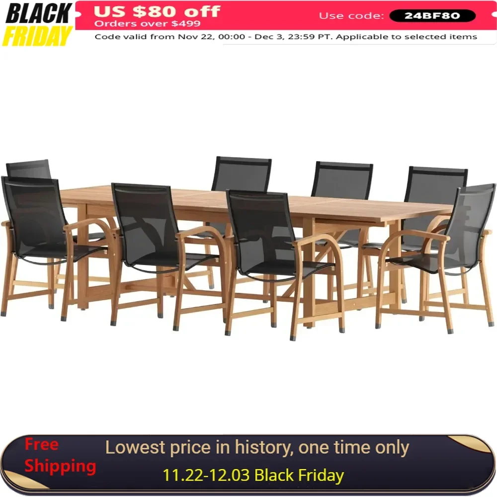 Outdoor Dining Table Sets,9-Piece Teak Finish Extendable Rectangular Patio Dining Sets, Garden Furniture Sets