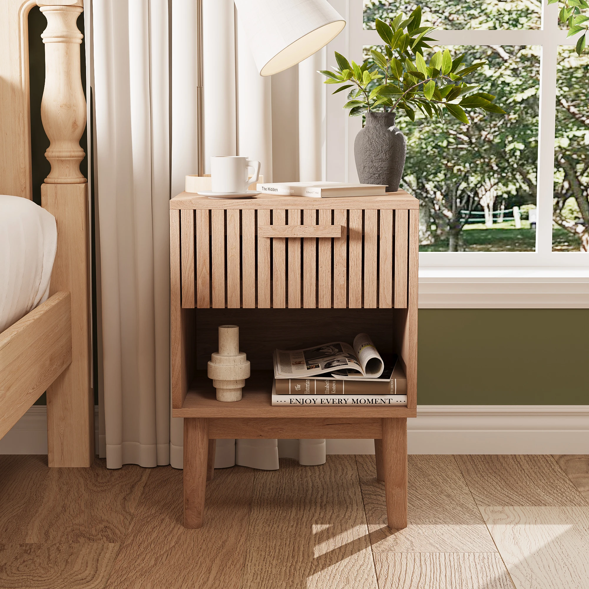 Wooden Ribbed Bedside Table, with Drawers, Farmhouse Small Side Table, with Storage Space, for Bedroom, Living Room, Office