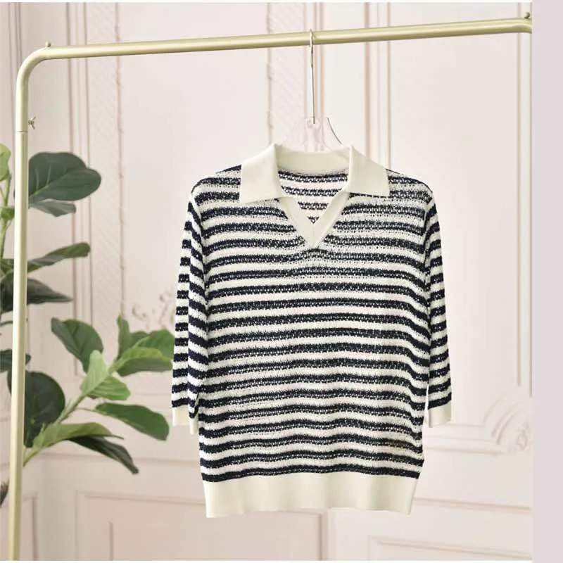 

Knitted T-shirt for women navy stripes linen mulberry silk lapel thin top 2024 spring/summer new