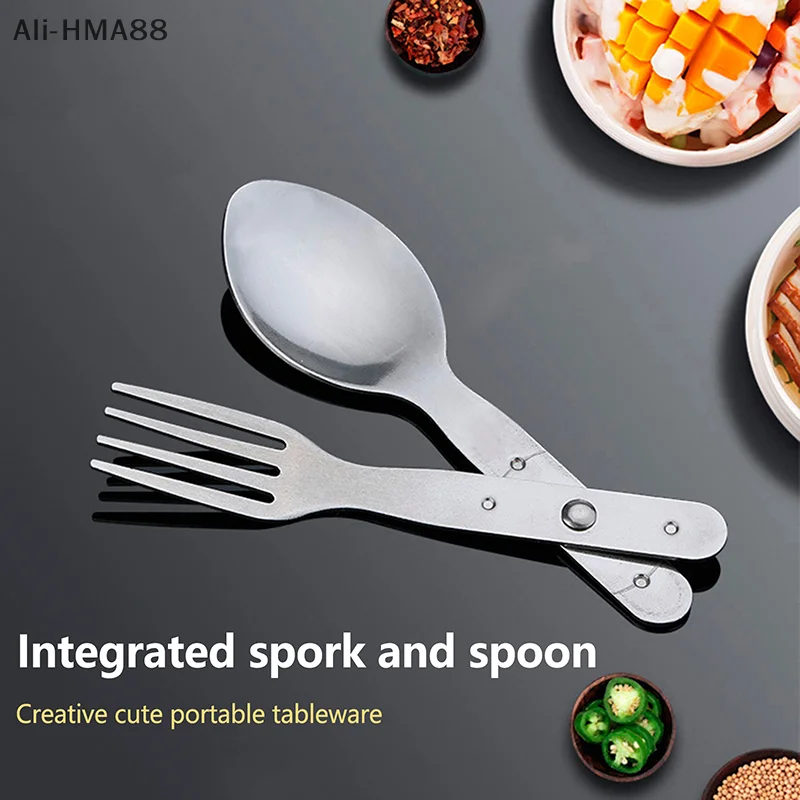

HMA88-2-in-1 Fork Dessert Spoon Cutlery Set For Outdoor Camping And Picnics Portable Durable Stainless Steel Mini Fork Spoon