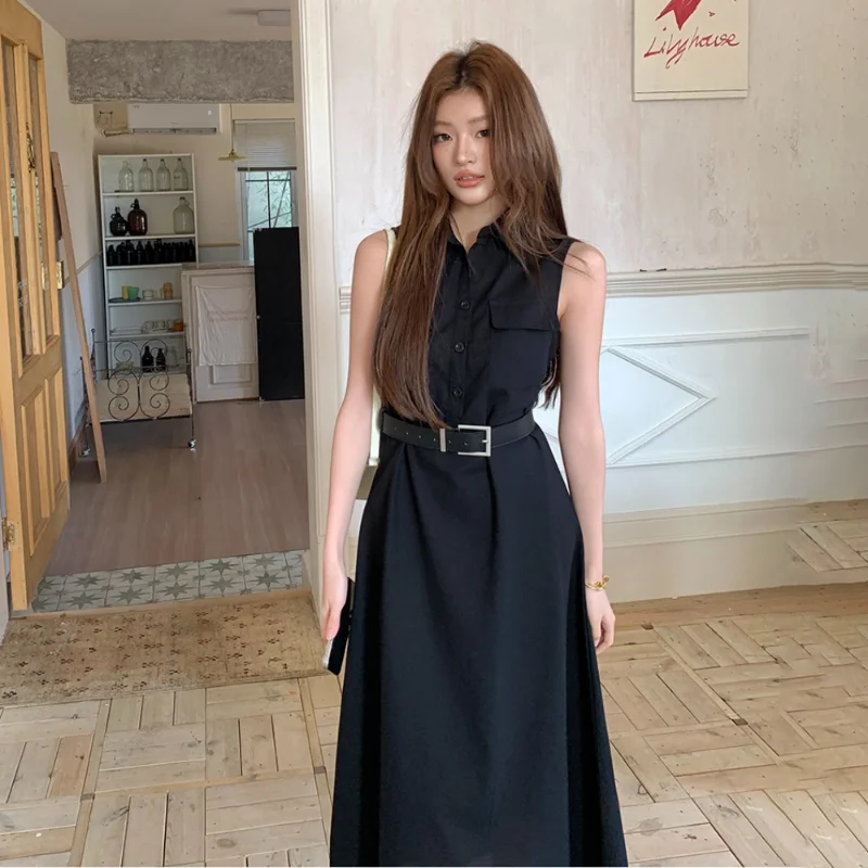 

Women Spring Summer Shirt Collar Sleeveless Long Dress with Belt Stylish Casual Vintage Elegant Office Lady Blouse Dress