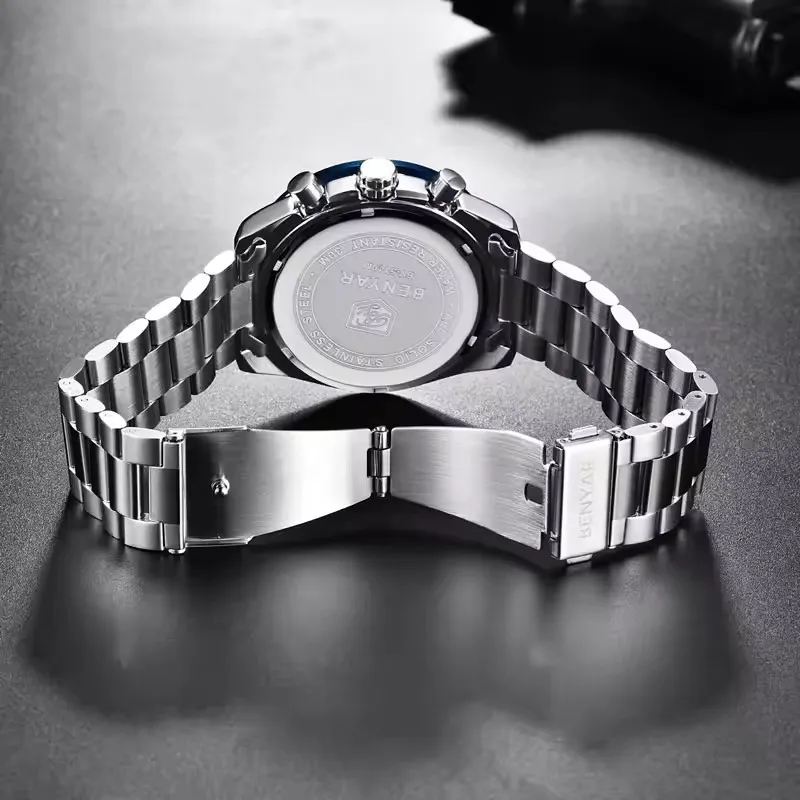 BENYAR 5140 ساعة رجالي جديدة العلامة التجارية الفاخرة الأعمال الصلب ساعة كوارتز رجالية 30 متر مقاوم للماء ساعة عادية Relogio Masculino