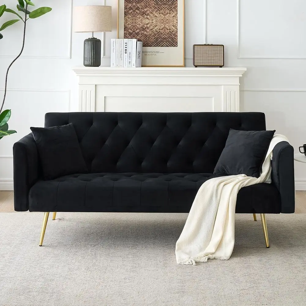 

Black Velvet Sleeper Sofa with Adjustable Backrest, Reclining Loveseat, Chrome Legs, 2 Pillows for Small Living Rooms
