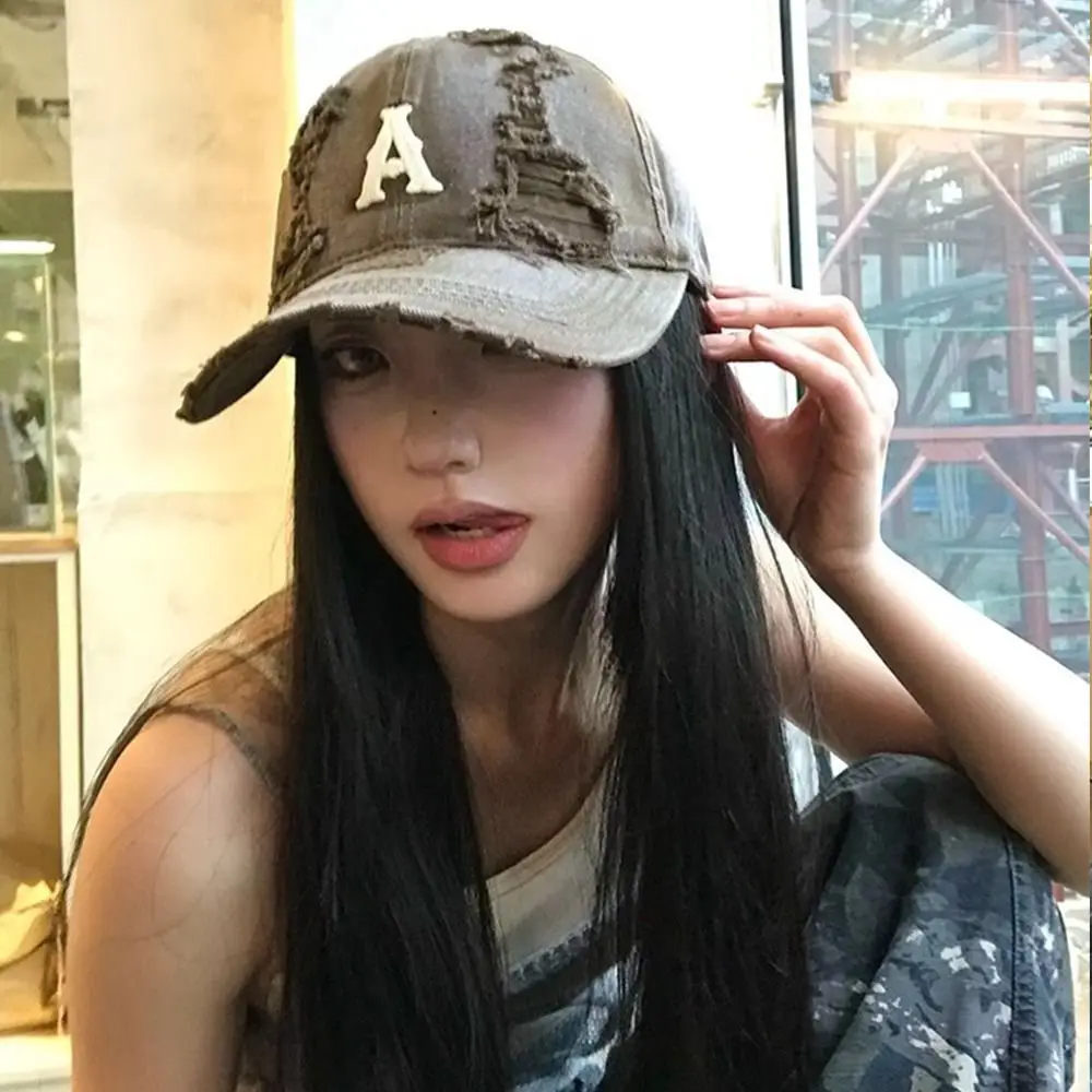 

American Vintage Letter Baseball Hat Embroidery Gothic Holes Peaked Cap Visor Y2k Snapback Cap Outdoor