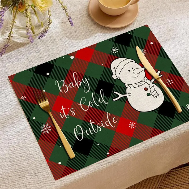 VIKAMA Linen Placemats Let It Snow Snowman Plaid, Stain Resistant Easy to Clean, Dining Table Winter Holiday Decor