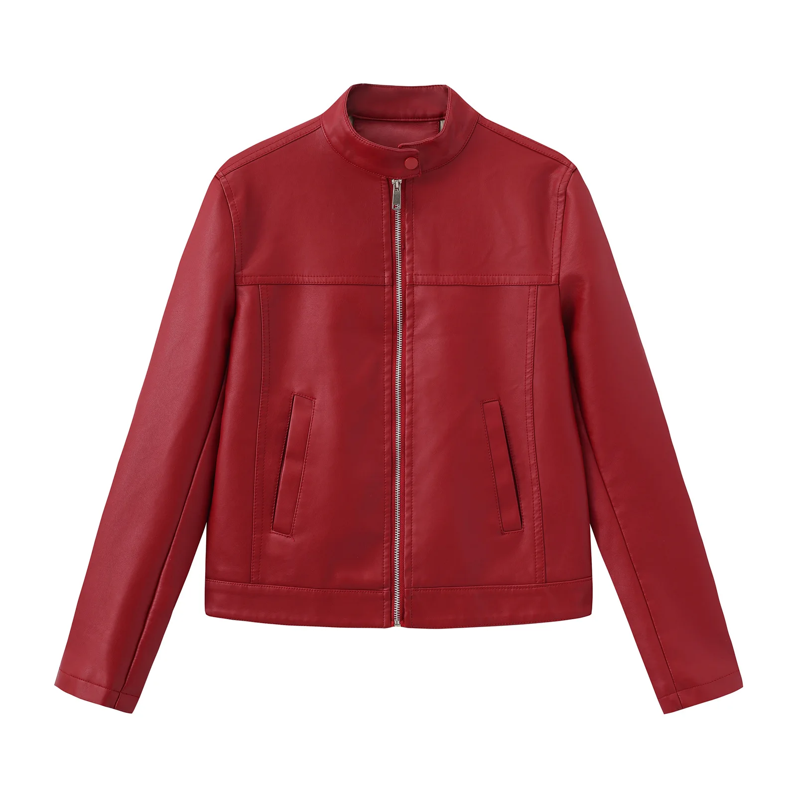 

European Size for Spring Autumn Women's Casual Leather Jacket Street Style Stand-Up Collar Motorcycle Suit Outerwear