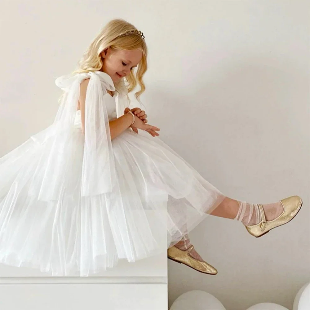 

Solid Puffy Tutu Dress Baby Girl Formal Princess Birthday Party Gowns White Mesh Knee Length Elegant Vestidos Children Clothing