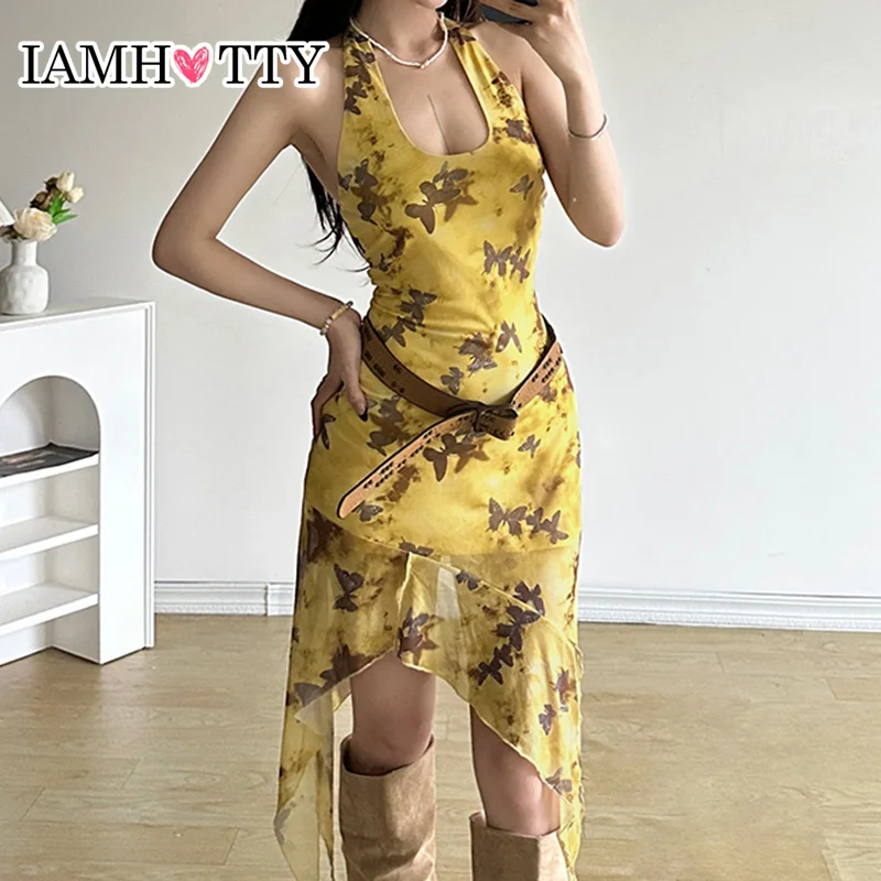 IAMHOTTY Korean Style Butterfly Print A-line Midi Dress for Holiday Party Boho Streetwear Sexy Halter Backless Beach Outfits