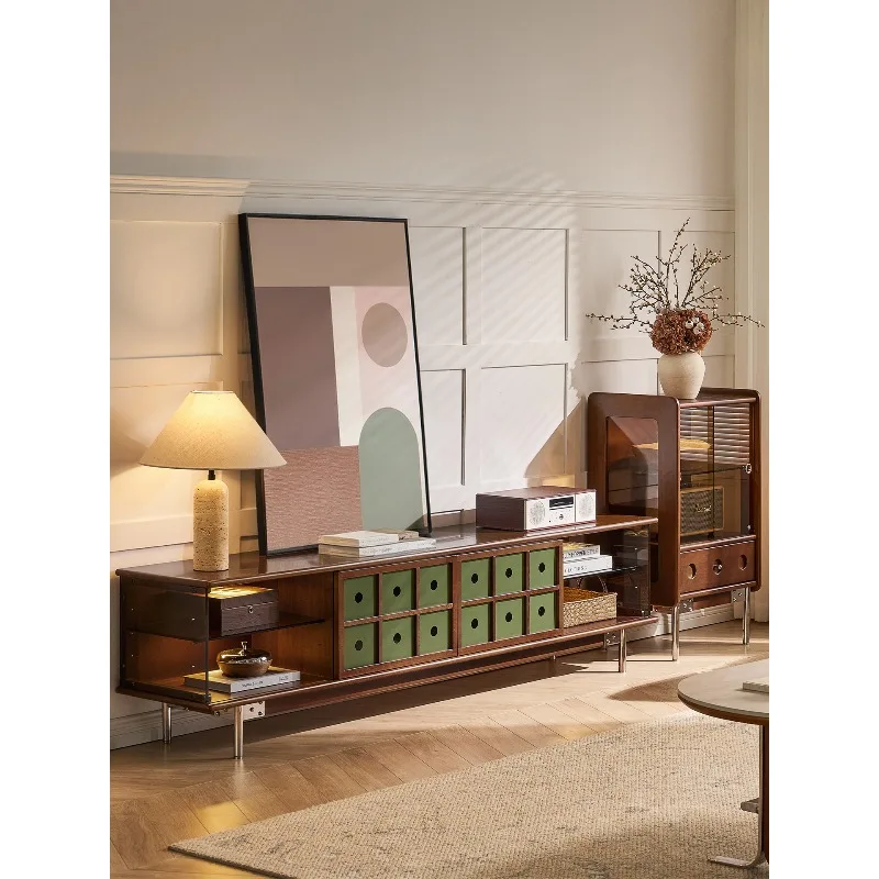 

Medieval style living room solid wood storage cabinet floor large capacity advanced sense