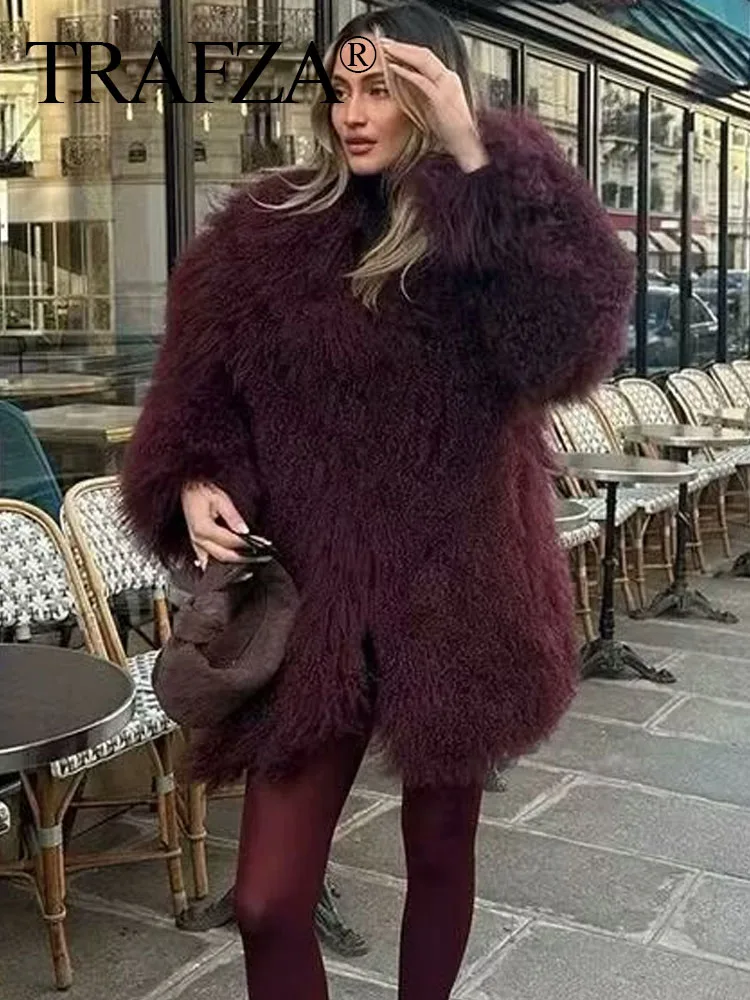 TRAFZA Winter Woman Wine Red Vintage Casual Outerwear Women Faux Fur Jacket Elegant Long Sleeves Turn Down Collar Warm Long Coat