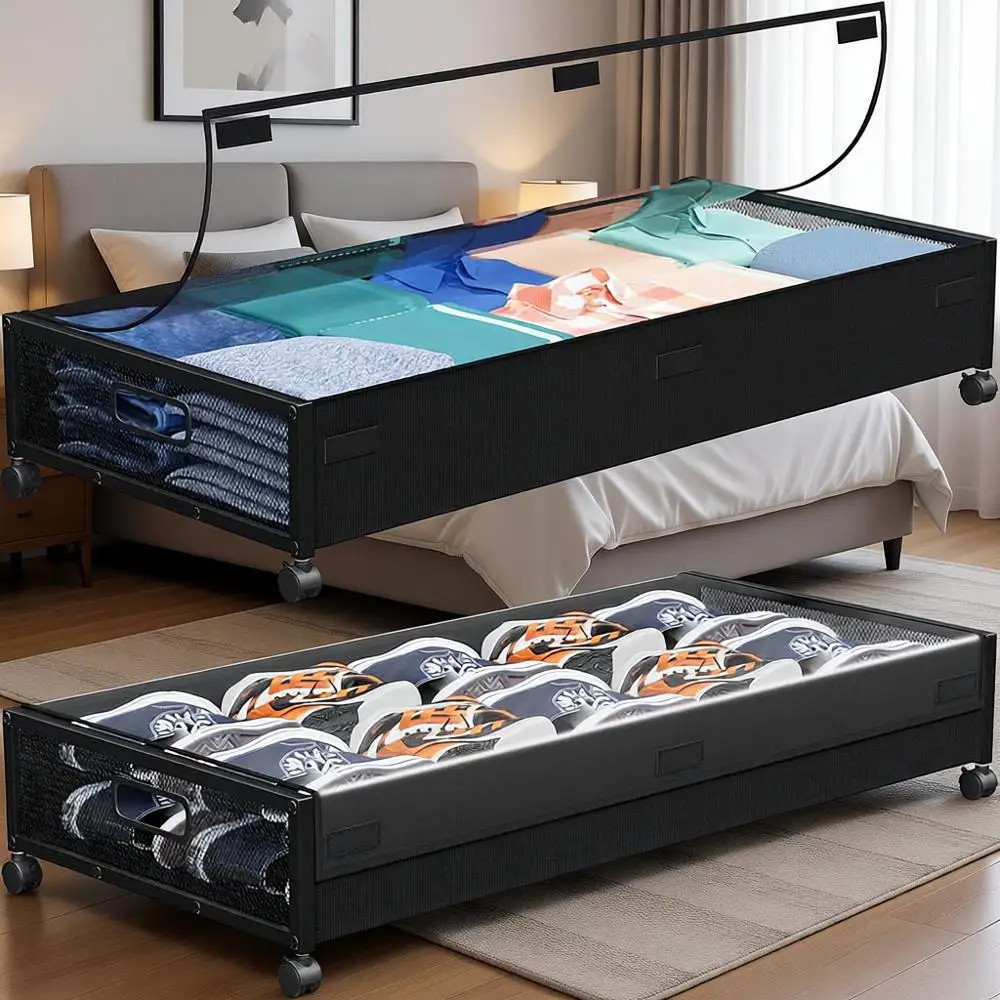 

Набор из 2 больших контейнеров для хранения под кроватью на колесиках с прозрачными крышками для одежды, обуви и одеял