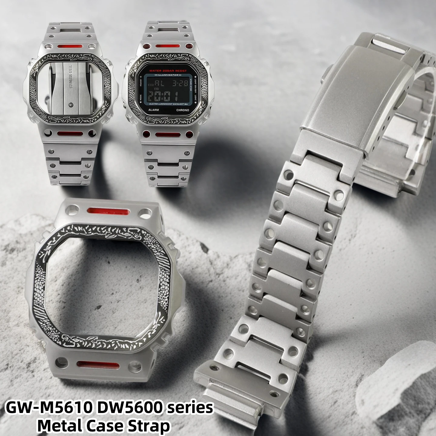 

Модифицированный комплект для часов Casio G-SHOCK GW-M5610 DW5600 серии: металлический корпус и ремешок с рельефным узором «Тигровый камень», модификация, улучшение, с инструментами.