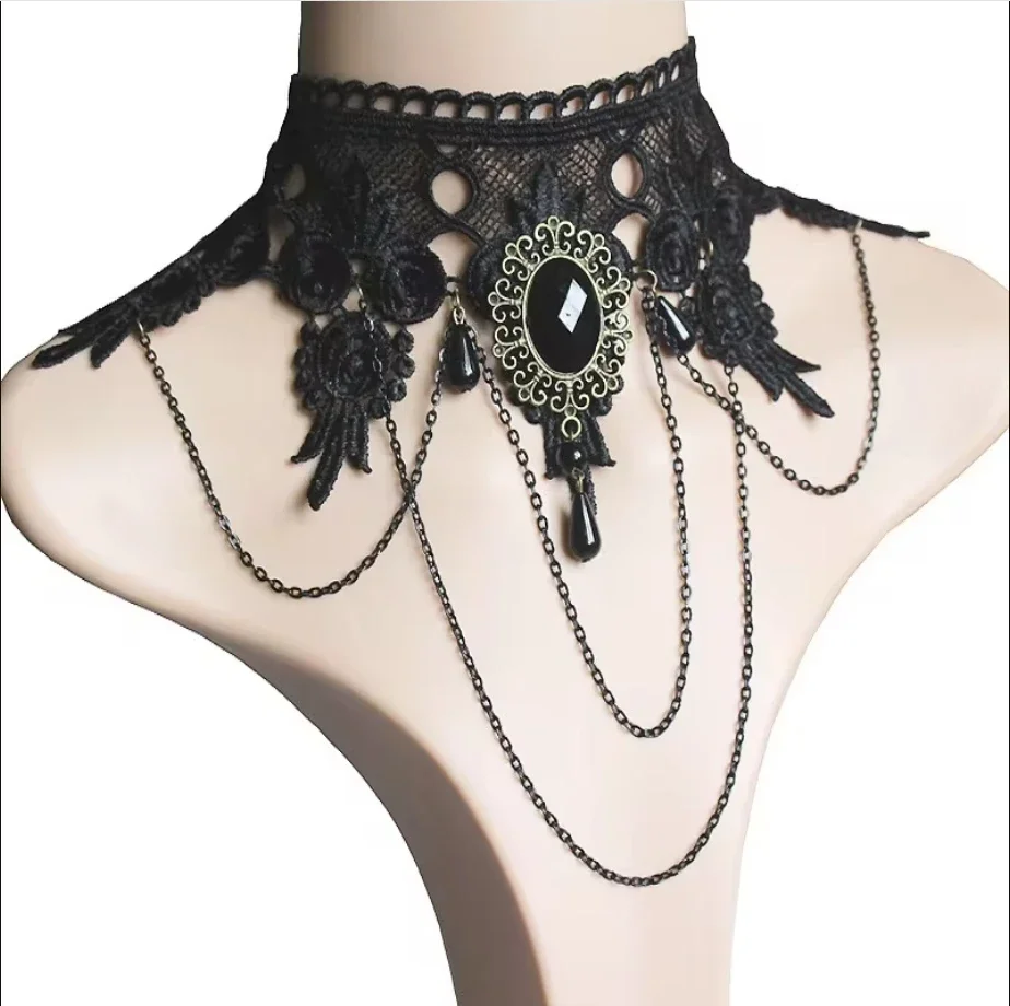 

Костюмы на Хэллоуин, ювелирные изделия для женщин, черное кружевное колье в стиле стимпанк, ожерелье, готические ювелирные аксессуары, колье-колье вампира