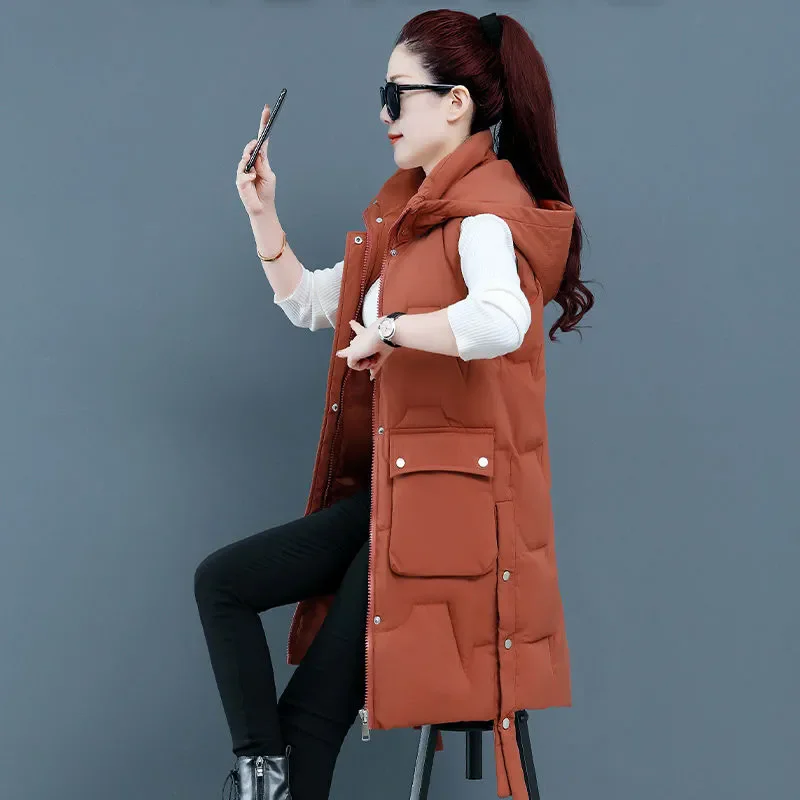 Chaleco de algodón de plumón para mujer, abrigo sin mangas de longitud media con capucha, chaqueta holgada coreana, informal, novedad de otoño e invierno, 2024