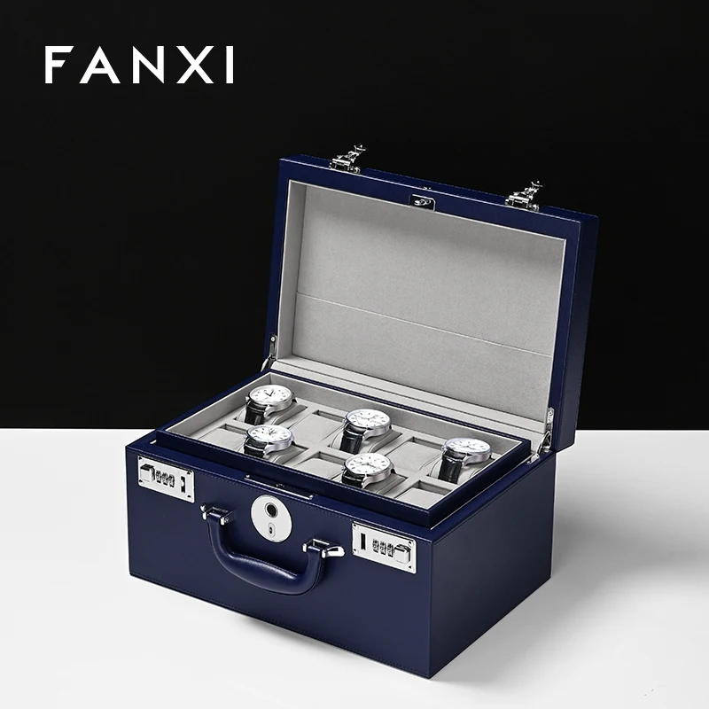 بو الجلود صندوق مجوهرات متعدد الطبقات شبكة كلمة المرور بصمة قفل حلقة ساعة صندوق تخزين المجوهرات #4