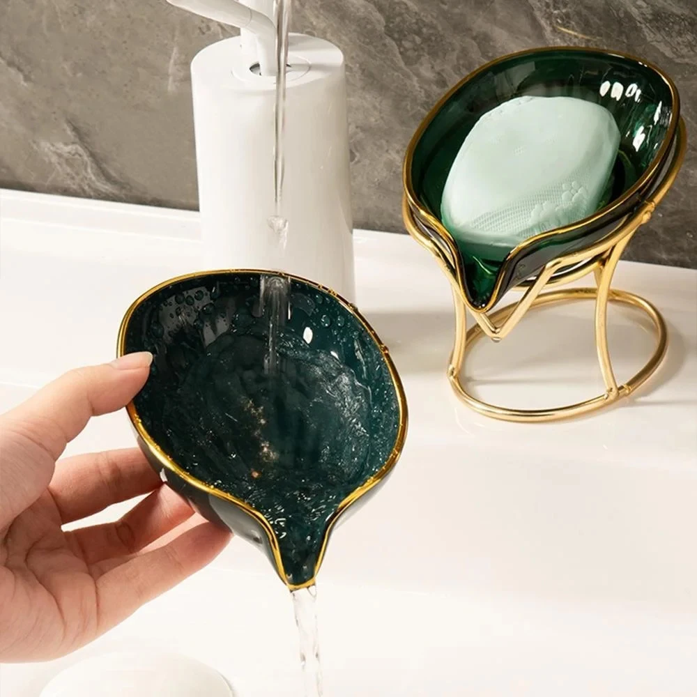 Leaf Shaped Ceramic Soap Dish Premium Ceramic Soap Bar Holder with Self-Drainage System for Shower, Bathroom, Kitchen