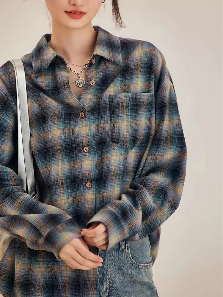 Nueva Mujer Primavera Otoño Algodón Plaid Camisa Moda cuello vuelto manga suelta Tops Vintage Casual Café Camisa a cuadros