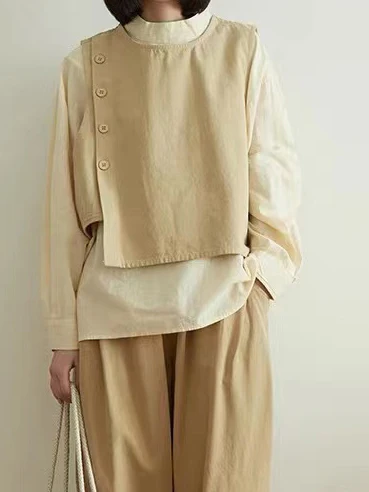 

Loose Cotton Vest Women's Autumn Artistic Casual Versatile Asymmetrical Button-Up Faionable Commute Sle f High Collar