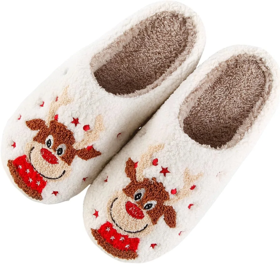 Christmas Elk Plush Slippers Anti Slip Flat Thermal Slippers Furry Reindeer Slipper Cartoon Elk Star Slippers for Indoor Bedroom