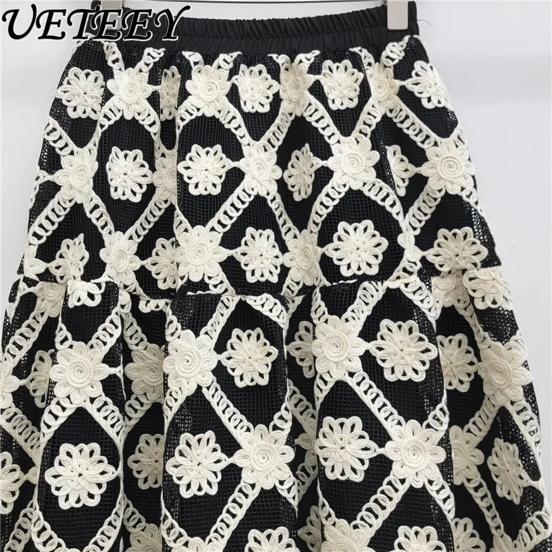 Spring Autumn Heavy Industry Crochet Printed Skirt Women's Elastic High Waist Foreign Style Versatile Medium and Long Skirts