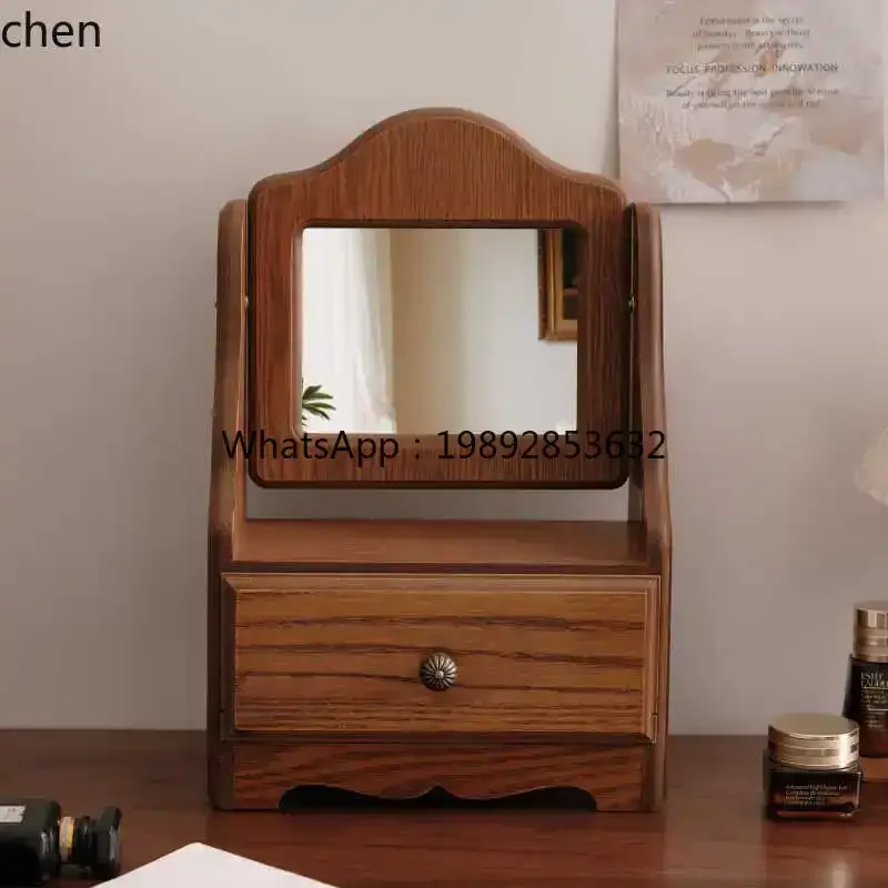 ins Vintage Style Wooden Makeup Mirror Desktop Decoration Standable Girls Bedroom Dressing Mirror
