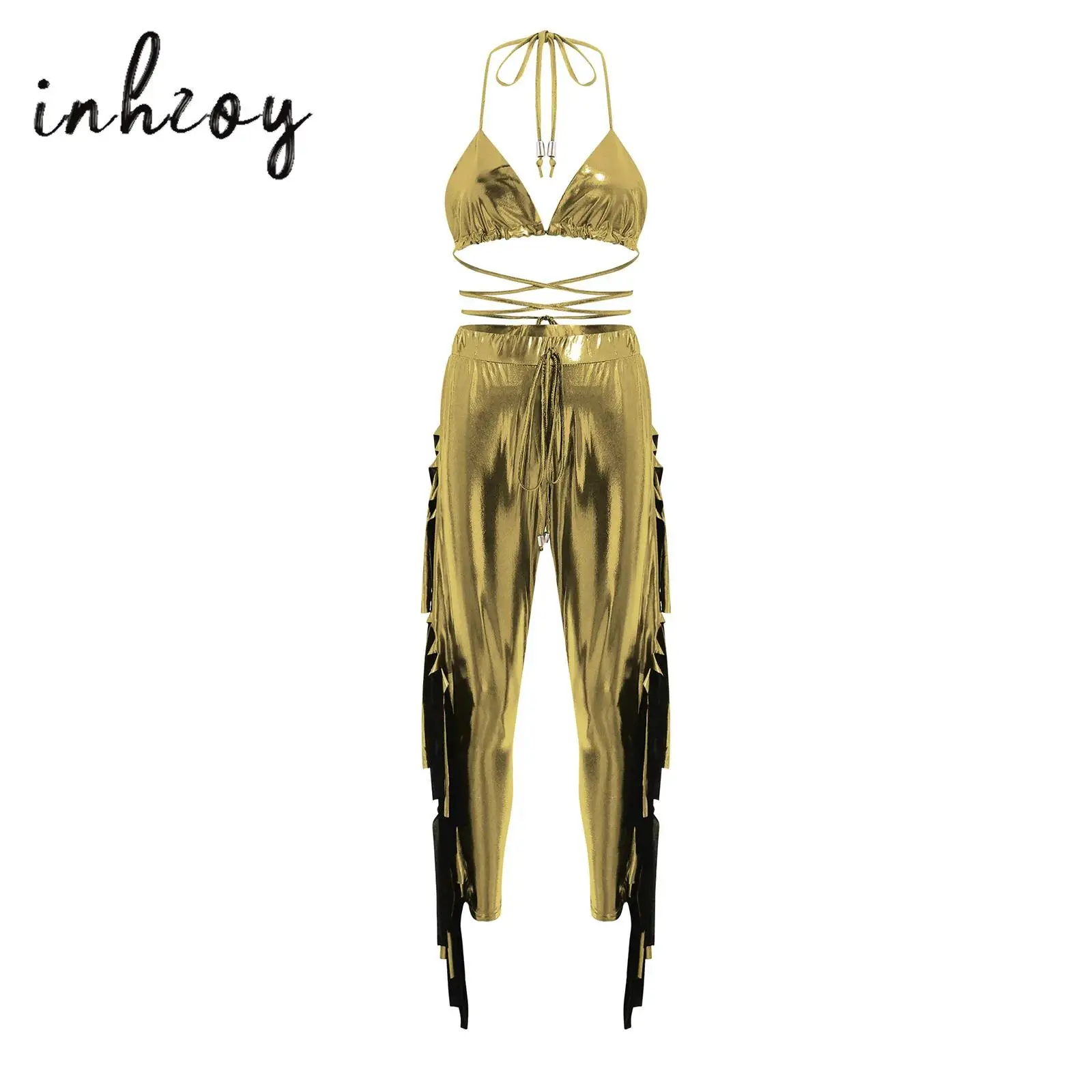 

Womens Metallic Shiny Stage Jazz Show Outfits Lace-up Bra Tops And Fringe Jogger Pants 2-piece Suit Hippy Jazz Dance Costume