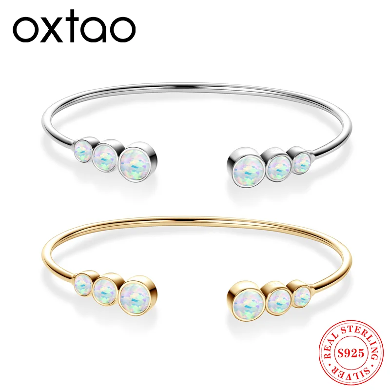 

6mm&5mm&4mm Round White Artificial Opal Open Bracelet 925 Sterling Silver Fashion Ladies Bracelets fo Women Everyday Jewelry