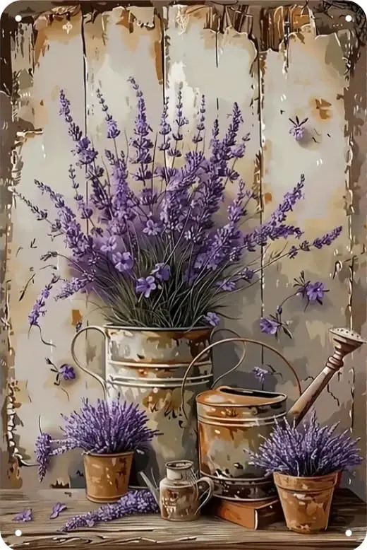Flower Bunch Retro Lavender Metal Signs Botanical Theme Vintage Tin Signs for Rustic French Country, Bathroom, Garden, Farmhouse