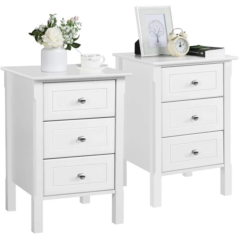 

2-Piece Wooden Nightstand Set with 3-Drawer Table and Storage Cabinet for Bedroom or Home Office, White, Easy Assembly