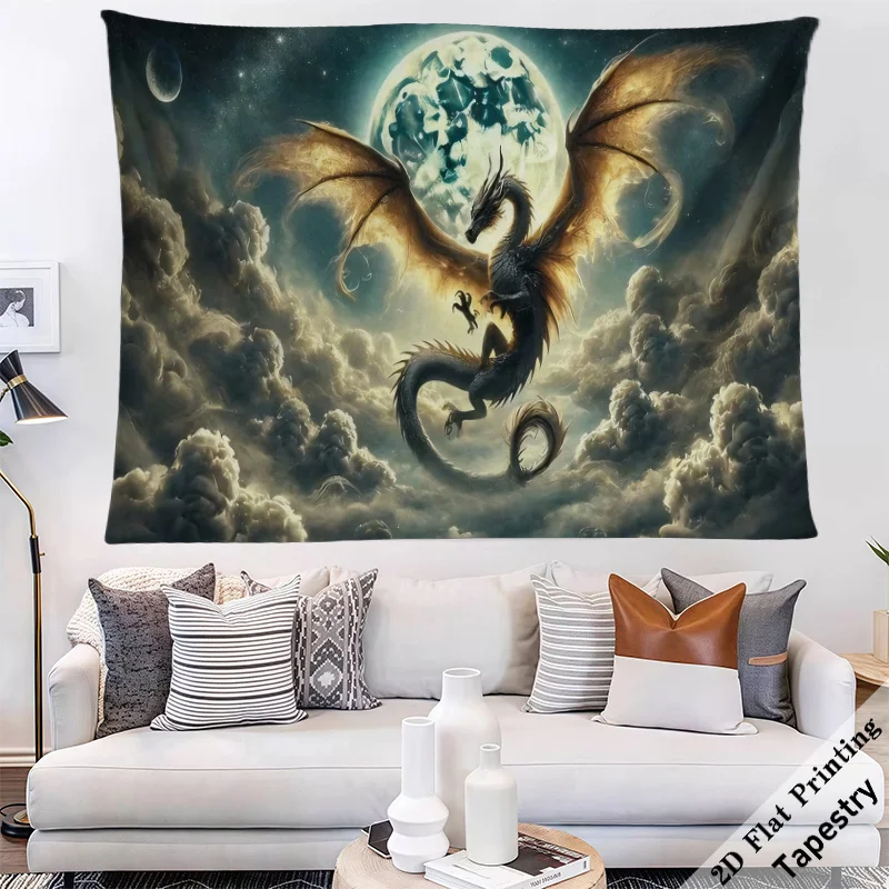 Fantasy Dragon Moon Tapestry Wall Art Celestial Cosmic Decor Gothic Evil Creature Background Print 180x280cm