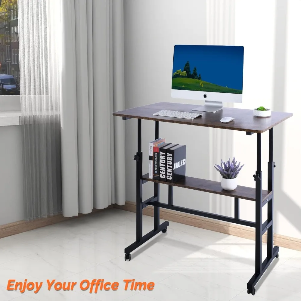 Adjustable Computer Double-Layer, Rolling Wheels Home Office Workstation, Portable Laptop Table Sitting, Adults or Children