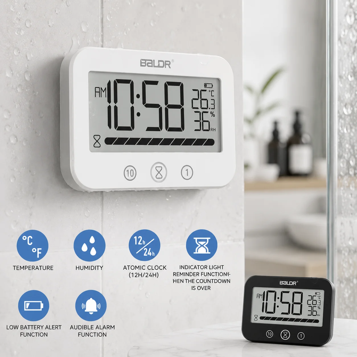 Waterproof Digital Bathroom Clock with Timer LCD Display Temperature Humidity Shower Countdown Clock Suction Cup Wall Clock