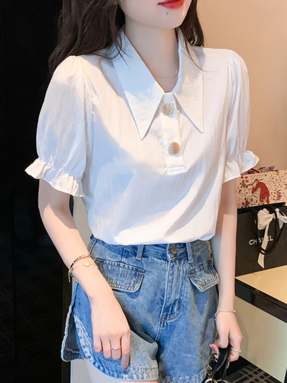 

Белая женская летняя блузка с отложным воротником, приталенная, универсальная, прямого кроя, в стиле принцесса