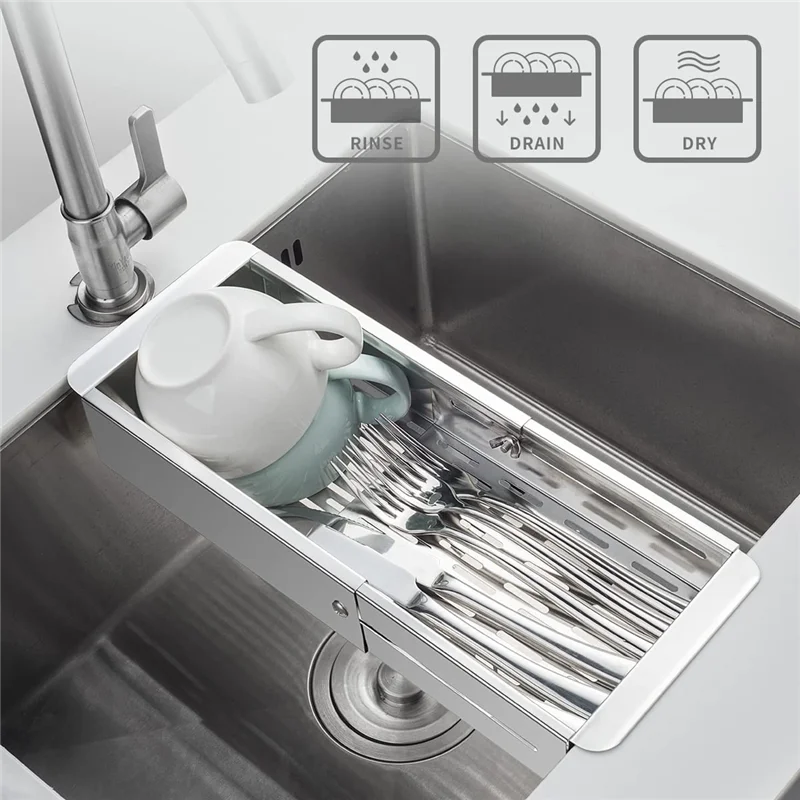 AEE2-Over The Sink Sieb Siebkorb aus Edelstahl – zum Waschen von Gemüse und Obst, zum Abfluss von gekochten Nudeln – ausziehbar
