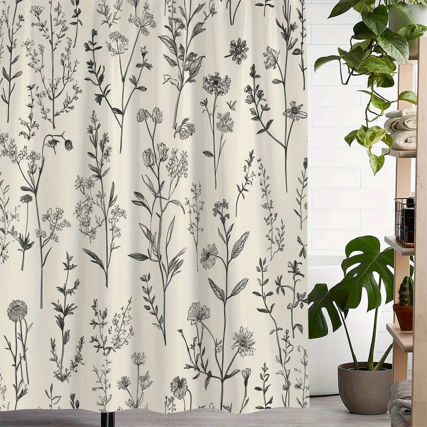 

Vintage Botanical Floral Print Shower Curtain with Hooks - Elegant Polyester Fabric, Machine Washable, Natural Inspired Design