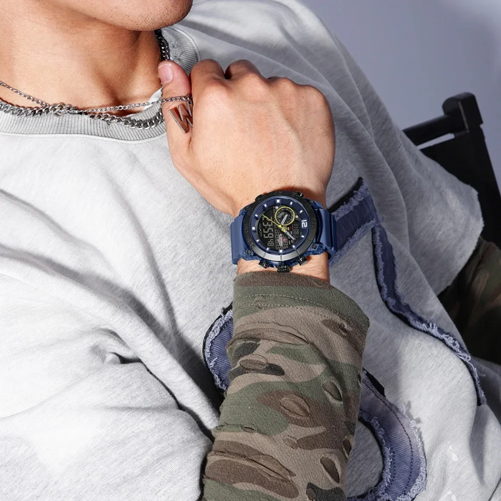 NAVIFORCE ساعة توقيت كوارتز جديدة متعددة الوظائف للرجال خفيفة الوزن ساعة معصم رياضية عرض مزدوج الوقت ضوء الليل ساعات للأولاد