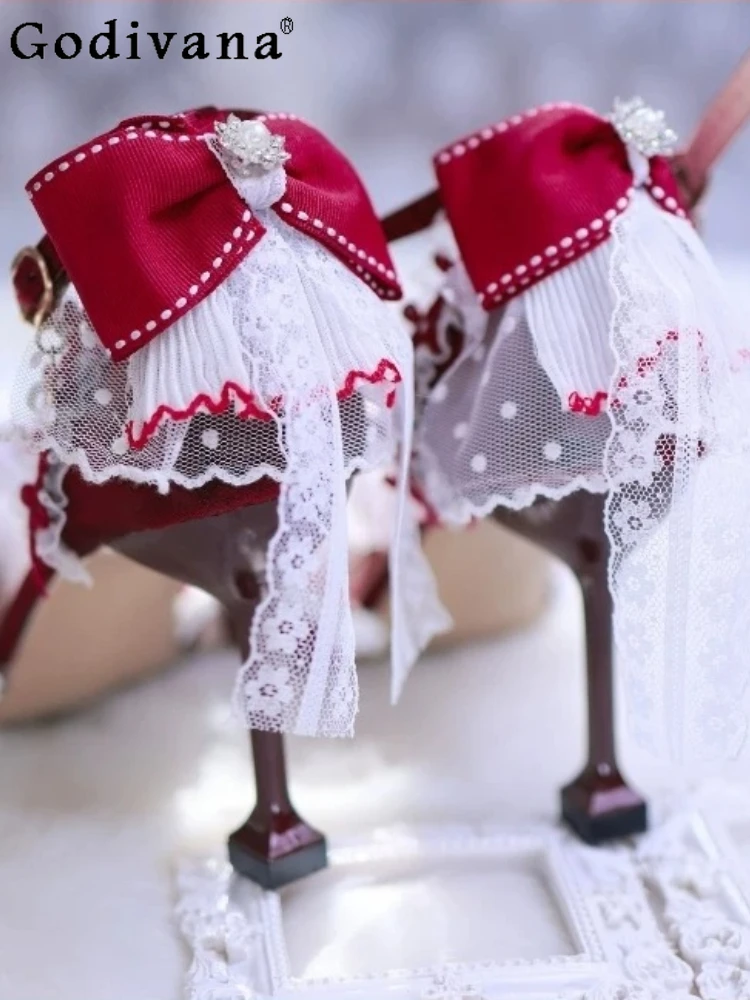 

Japanese Original Lolita Flower Wedding Tea Party High Heels Burgundy Pointed Satin Lace Bow Sweet Elegant Women's Wedding Shoes