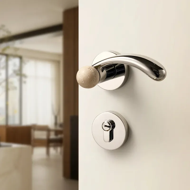 Vintage Silver Magnetic Door Lock for Wooden Interior Bedroom Natural Travertine Handle Silent Medieval Style Room Hardware