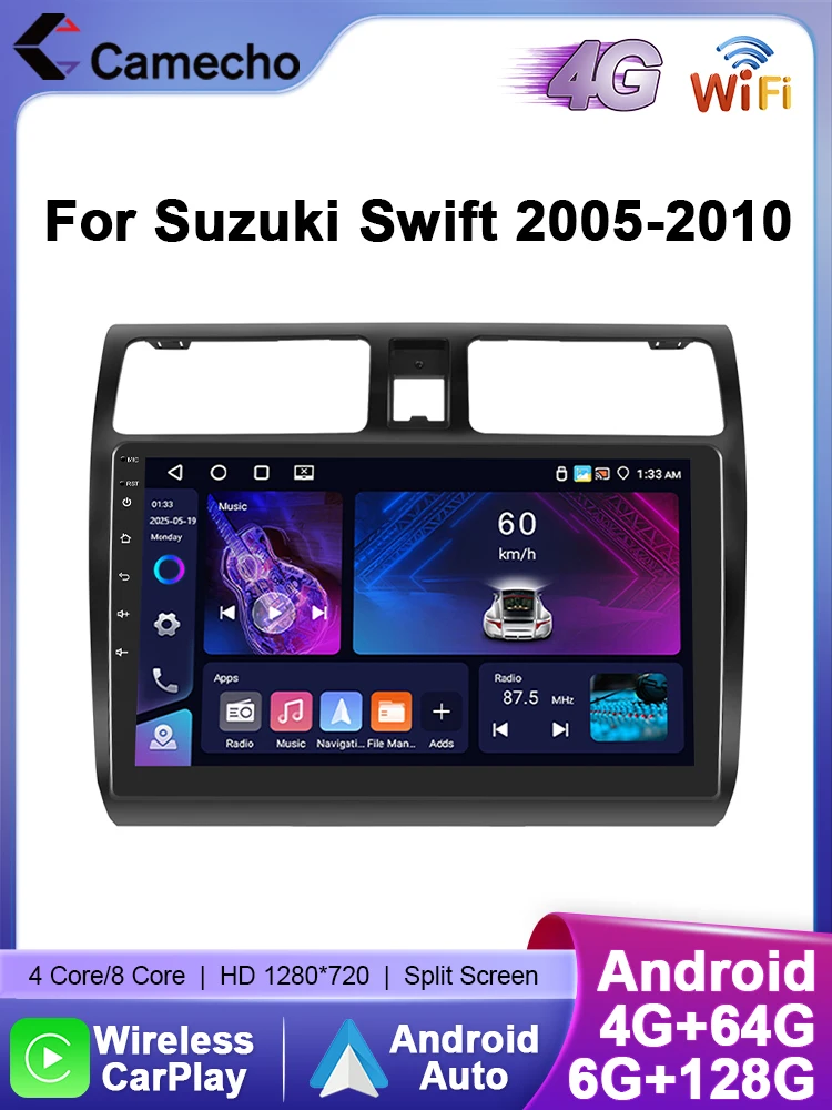 Camecho 6 + 128G Draadloze CarPlay Andorid Auto Radio Voor Suzuki Swift 2005 2006-2010 GPS Stereo 4G WiFi 2Din Multimedia Speler - afbeelding 2