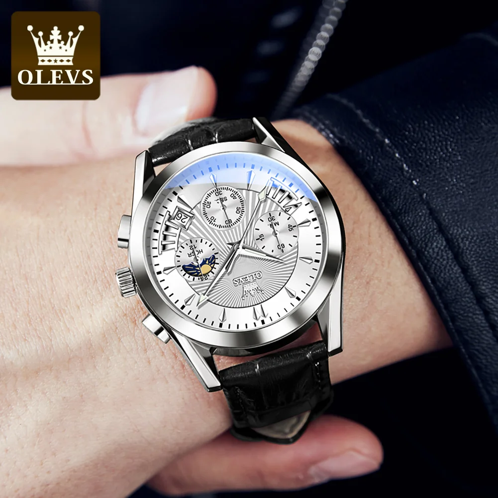 OLEVS 2876 Men Watch Waterproof Luminous Quartz Wristwatch Dial Multifunctional Chronograph Watch Single Calendar Moon Phase ﻿
