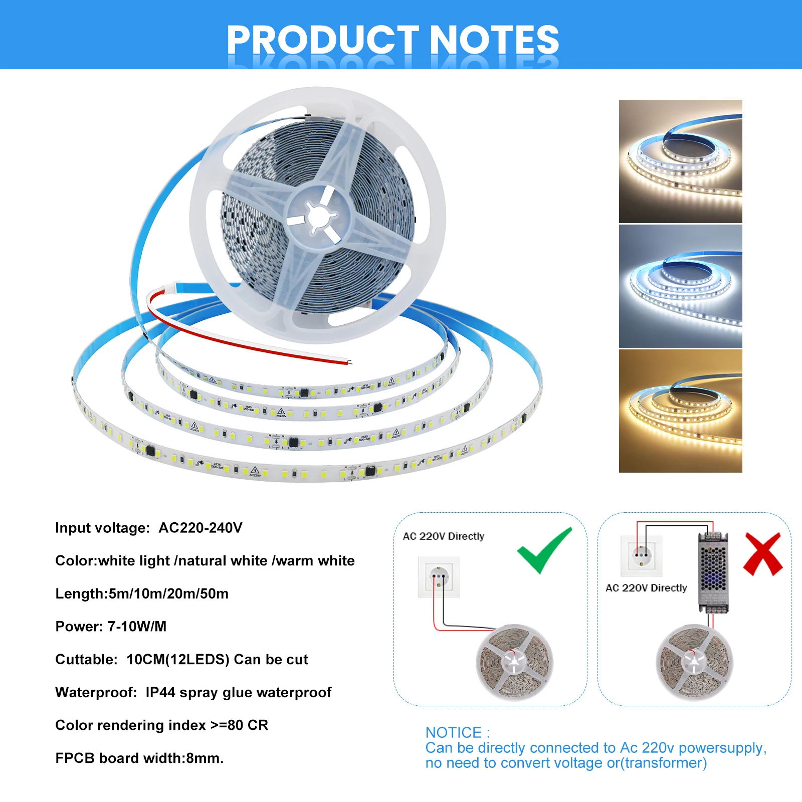 10M 20M 50M/Roll LED Strip Light AC 220V SMD2835 120LEDs/M IC IP44 10cm Cuttable Flexible Ribbon Rope Tape Light Lamp Home Decor