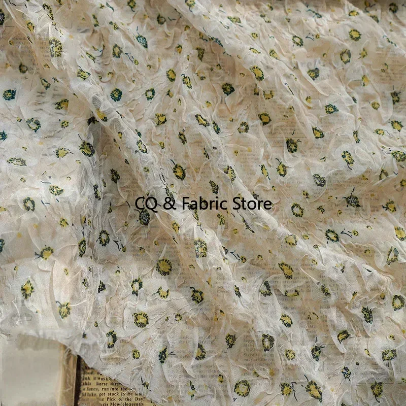 Pleated Printed Embossed Fabric For Women's Top Spring Summer Dress Clothing Fashion Designer DIY Fabric