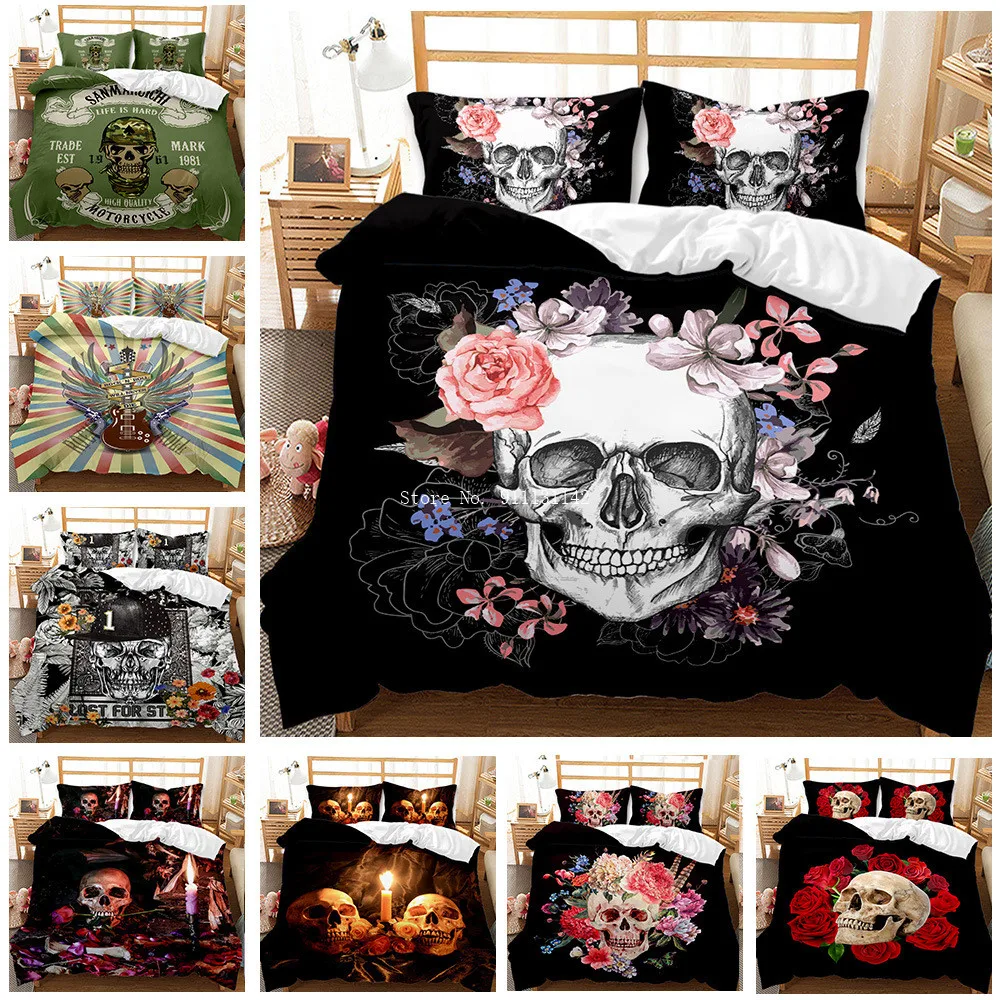 

3D Skull Rose Printed Bedding Set Home Featured Duvet Cover Pillowcase Fashion Adult Bedroom Decoration Home Textile Full Size