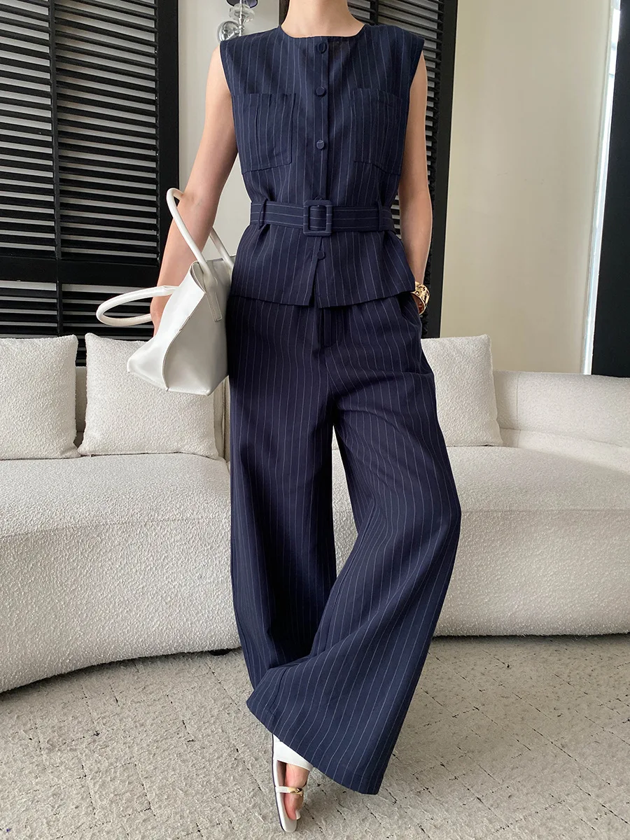 Summer women's round neck striped lace up waistband sleeveless vest casual pants set