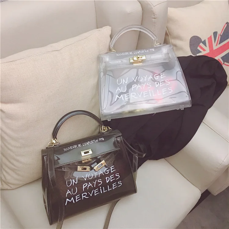 Korean version semi transparent PVC jelly bag lock letter bag hand-held Kelly bag single shoulder handbag