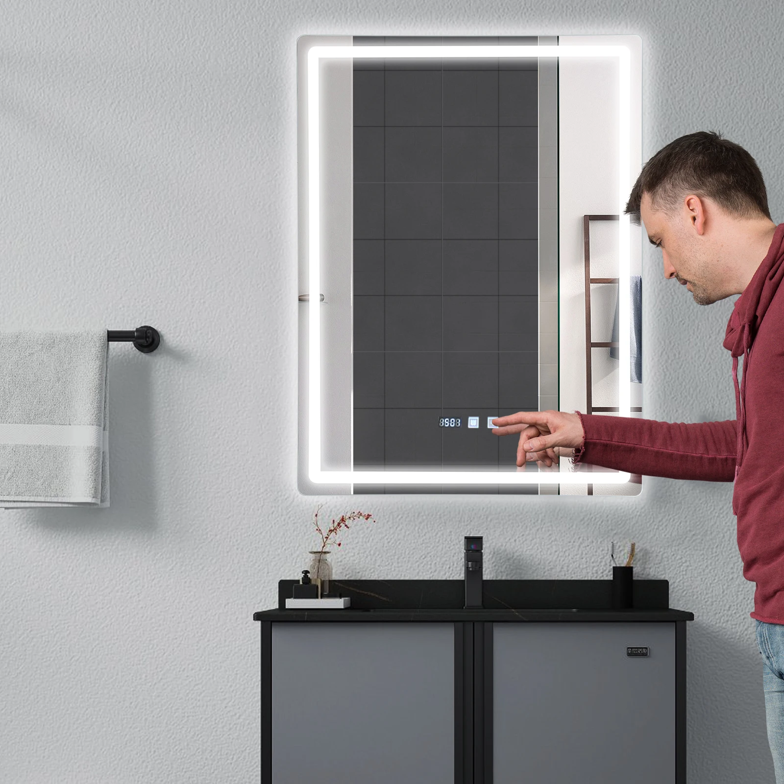 LED Bathroom Mirror Anti-Fog Bathroom Mirror, Wall Mounted Lighted Vanity Mirrors for Wall with 3 Colors Dimmable, Touch Switch