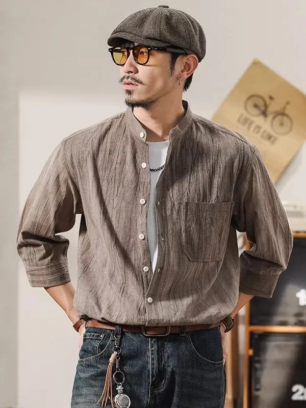 

Мужская рубашка свободного кроя из хлопка и льна с воротником-стойкой, рукавом 7/8, повседневная, модная, в стиле ретро, весенне-осенняя, для молодежи, дышащая