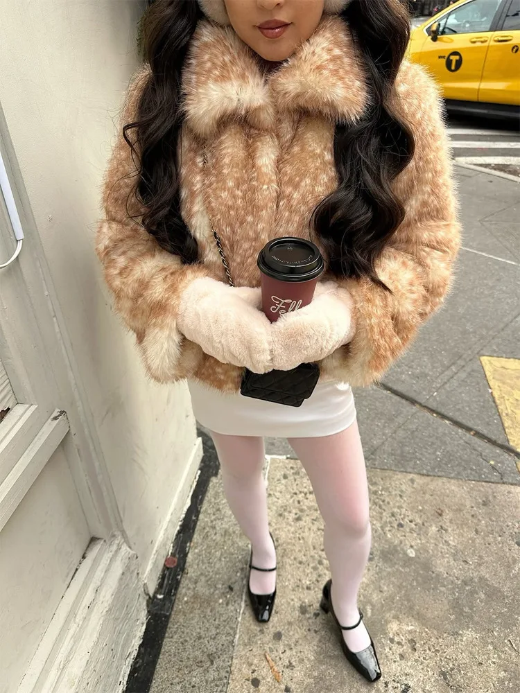 Winter New Spotted Pattern Faux Fur Jacket French Vintage Fashion Elegant Warm Thicken Loose Women's Plush Lapel Overcoat