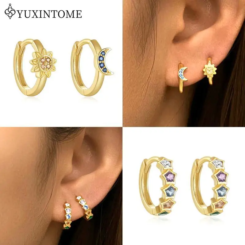 

925 Sterling Silver Ear Needle Sun Moon/Star Zircon Hoop Ear Buckle For Women Vintage Earrings 2024 New Fashion Party Jewelry