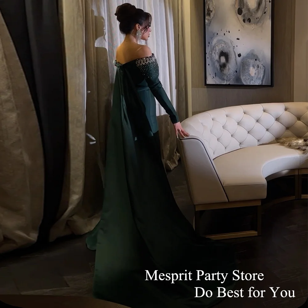 Fashion Mermaid Evening Dress Saudi Arabic Prom Gown V Neck Full Sleeves Crystal Rhinestone Satin Formal Occasion Dresses